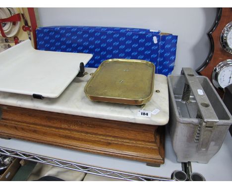 Parnall &amp; Sons Ltd Early XIX Century Oak Based Shop Scales with Marble Top, brass and pottery trays, 52cm wide, The Aloli
