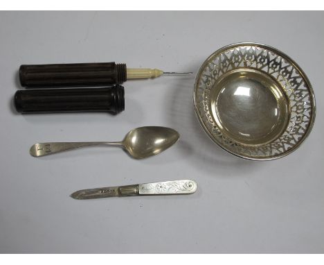 A Silver Bon Bon Dish with Pierced Design, Birmingham, 9cm diameter. Georgian silver spoon, mother of pearl fruit knife havin