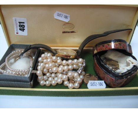 Two Imitation Pearl Bead Necklaces, a modern Rotary ladies fob watch, of all over foliate design on chain, a heart shape lock
