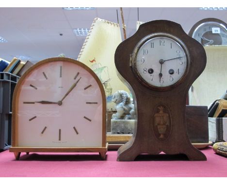An Edwardian Mahogany Inlaid Mantel Clock with circular dial and Arabic numerals; together with a c.1960's mantel clock (Smit