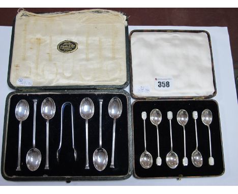 A Set of Six Hallmarked Silver Teaspoons, of Art Deco style, with matching tongs, in original fitted case; together with a se