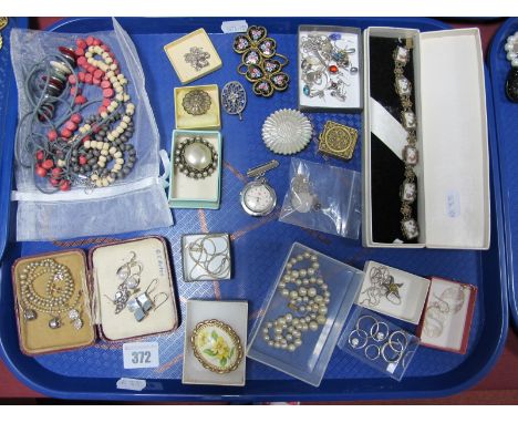 Vintage Shell Carved Cameo Panel Bracelet, with filigree spacers, "925" and other earrings, vintage costume brooches, etc:- O