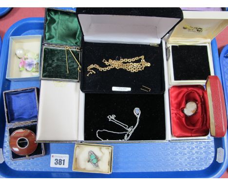 A Victorian Hardstone Brooch, marcasite set panel ring, oval cameo brooch, St Christopher pendant on chain, etc:- One Tray