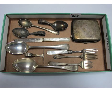 Three Silver Pushers, three spoons, two forks, cigarette case, mother of pearl handled desserts knife and fork.