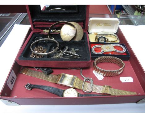 Ladies and Gent's Wristwatches, Victorian bar brooch, filigree butterfly, sleeve bands, Charles Horner hallmarked silver bang