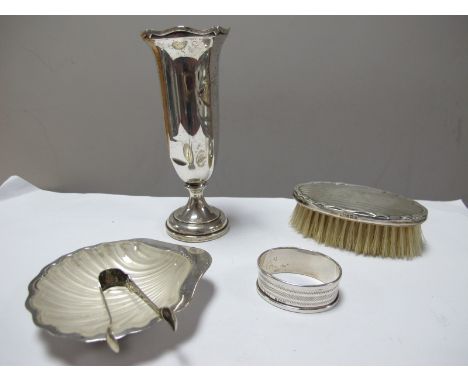 A Small Hallmarked Silver Backed Brush, engine turned, a hallmarked silver vase (damaged) a hallmarked silver shell dish with