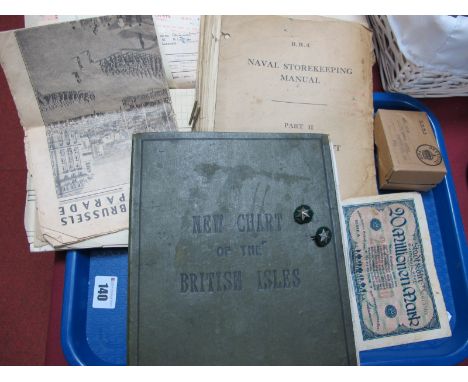 Three WWII Medals, including 39-45 Star and Africa Star, six point pips, store keeping manual, new chart of the British Isles
