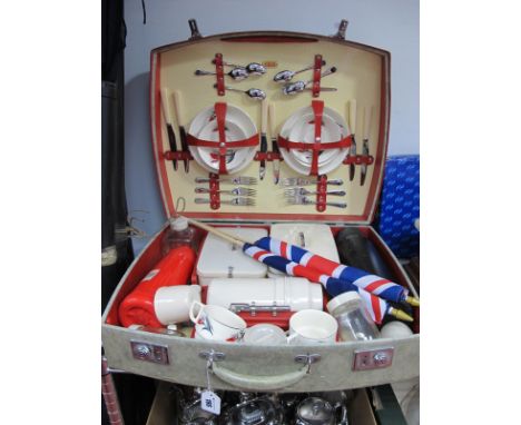 A Circa 1950's 'Sirram' Picnic Case, containing six place setting, bakelite sandwich boxes, condiments, vacuum flask (two rep