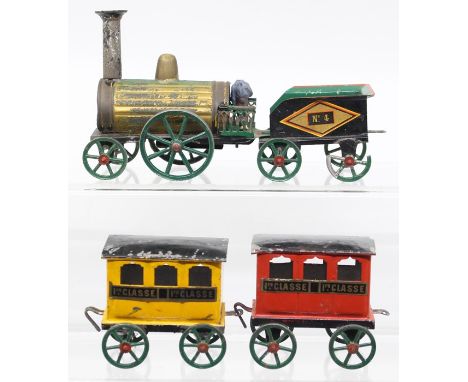 Emile Favre: A boxed, possibly of Emile Favre style, circa 1870, floor train, French, tinplate, clockwork powered locomotive,