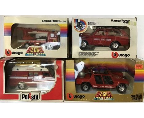 Diecast: A boxed Burago 1:24 scale Fiat 50 NC Antincendio 1509, Range Rover Airport Fire Engine 0125,&nbsp;Cheetah Forest Fir