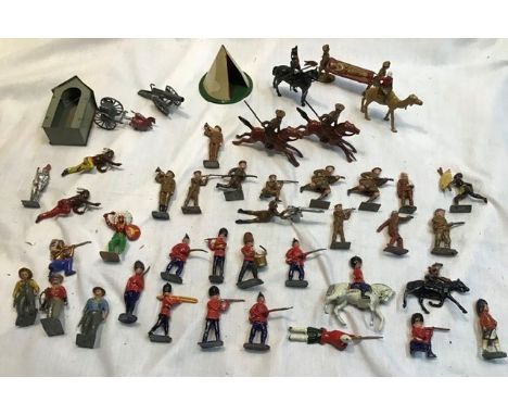 Britains: A collection of assorted Britains, Johillco etc. Lead figures including WW1 stretcher with bearers, soldier on came