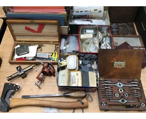Model making equipment, plans, tools. Good selection to include vintage scribe, hickory handled axe, taps &amp; dies, five dr