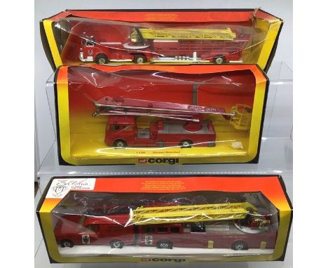 Corgi: A collection of fire fighting vehicles to include 1120 Dennis Simon Snorkel, 1118 Chubb Pathfinder, 1126 Bedford Simon