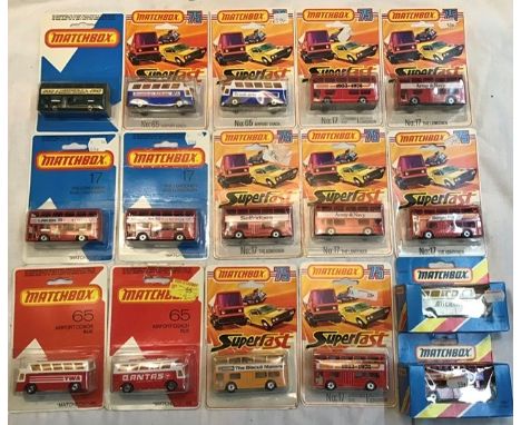 Matchbox: A collection of assorted carded Matchbox 75 Superfast models to include: London Buses, No. 17, to include Army &amp