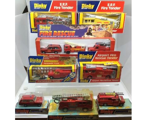 Dinky: A collection of assorted Dinky Fire fighting vehicles to include 266 E.R.F. Airport Rescue Tender, 266 E.R.F Fire Tend