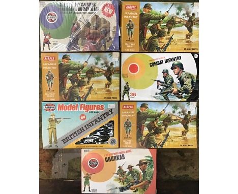 Airfix: A collection of assorted Airfix 1:32 scale model soldiers to include Japanese Infantry, Ghurkas, Combat Infantry, Bri