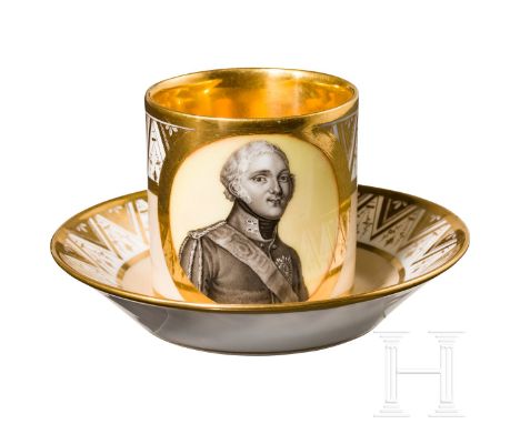   Kaffeetasse mit handgemaltem Portrait des Zaren Alexander I., komplett mit Untertasse, russische Porzellanmanufaktur Safron