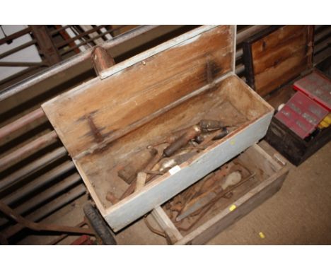 Two wooden tool boxes and contents of tools