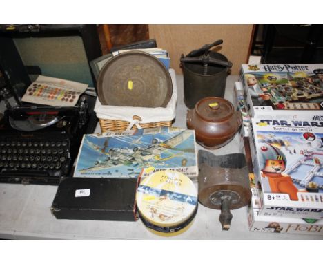 A press; a wicker basket and contents of a brass dish; cutlery; various books; a model; boxed Kodak camera etc