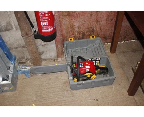 A petrol Ryobi chainsaw in fitted case
