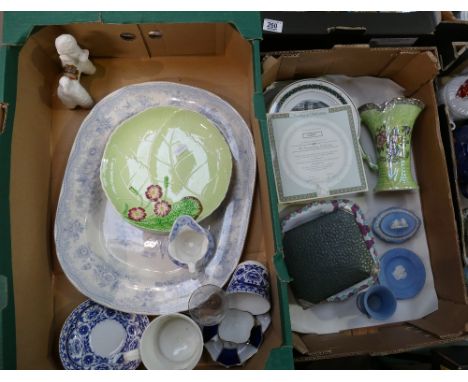 A mixed collection of ceramic items including early Foley oatmeal dish, Carltonware items, early glass items etc (2 trays)