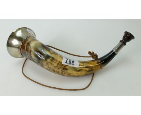 Cow horn hunting horn with silver plated (worn) mounts, 30cm long.
