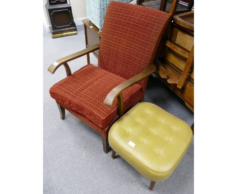 Vintage upholstered arm chair, with a retro lime green studded leather stool (2) 