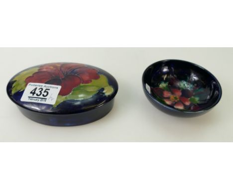 Moorcroft Columbine on blue Ground salt dish diameter 9cm together with similar Hibiscus oval trinket dish, length 13cm (dama