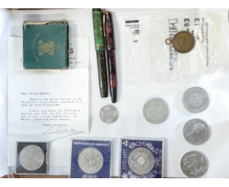 A collection of items to include old coins, 2 vintage parker fountain pens etc