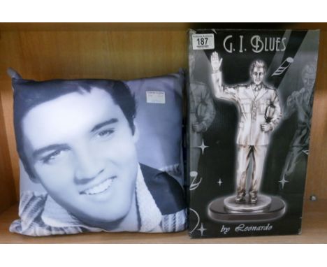 Boxed Leonardo Elvis figure titled G I Blues &amp; similar soft cushion(2)