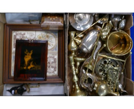 Two boxes containing four tile tray, parquetry box and a large quantity of brass ware.