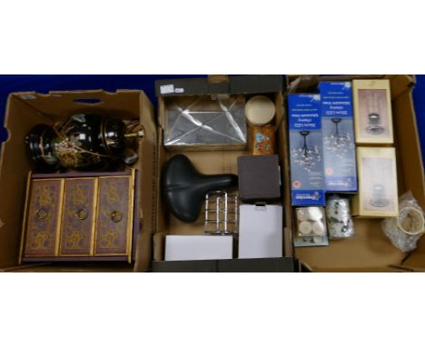 Three trays - large lamp, painted chest of drawers, new gel bike seat, novelty lights &amp; lamps &amp; misc items