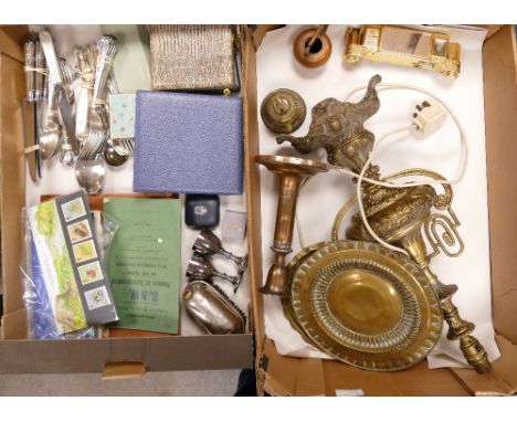 A mixed collection of items including silver plated loose cuttlery, cased spoon &amp; fork sets, smal childs stamp collection
