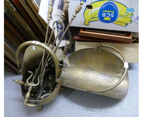 A selection of brass ware to include 2 coal scuttles and fire side tools etc
