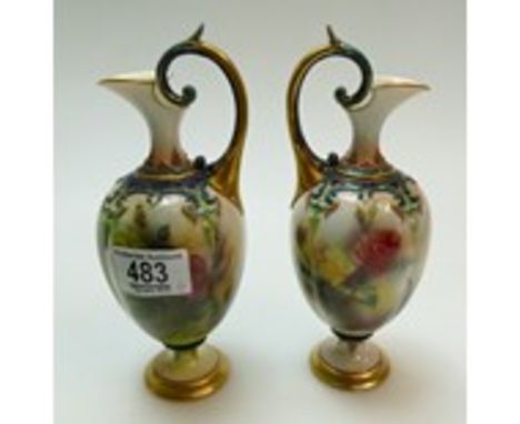 Pair of Royal Worcester Hadley Ware Ewers Hand Painted with Roses (Damage note on one)(2)