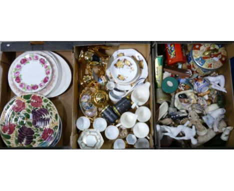 A mixed collection of items including Duchess floral patterned part tea set, continental ceramic items, novelty figures, deco