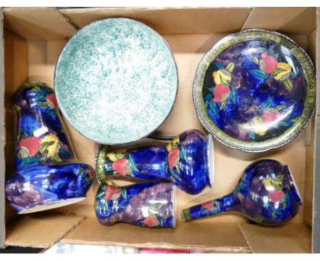 A collection of Hancocks Pomegranate patterned items including vases, tazza, pitcher together with similar fruit and berry bo