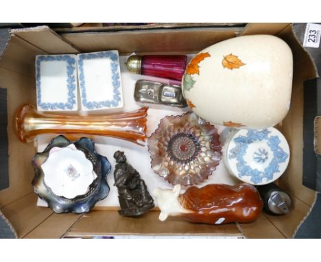 A mixed collection of items including Crown Ducal Autumn Leaves pattern lamp base(hairline to base, Carnival Glass items,Staf
