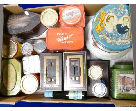 A collection of vintage tin boxes (some with contents) including money boxes, sweet boxes, baking powder tins etc