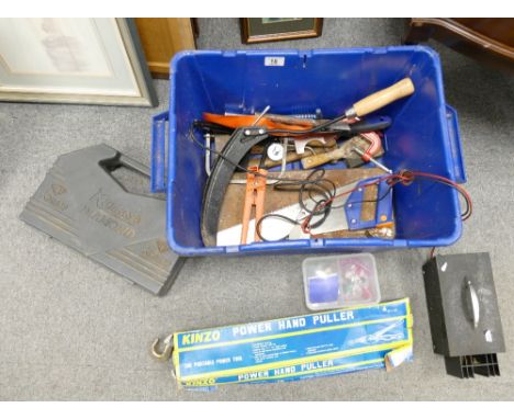 A mixed selection of tools to include a Kinzo power hand puller, kamasa diamond tool set, saws, clamps etc 