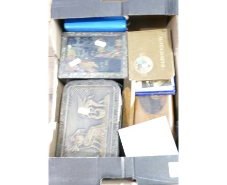 A collection of mixed costume jewellery, boxed Accurist ladies watch, vintage metal tins, old wooden ruler etc ( 1 tray)