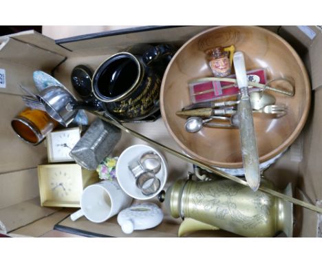A mixed collection of items to include Silver and Silver plated napkin rings, horn handled cutlery, commemorative teapot, car