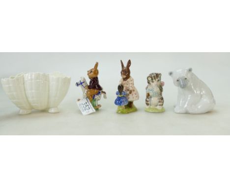 Group including Royal Doulton Bunnykins Tally Ho DB12, Aussie surfer DB133, Royal Albert Miss Moppet, Royal Worcester posy po