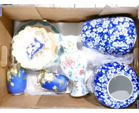 A mixed collection of ceramic items to include - decorative Woods and Son blue and white vases, Oriental themed vase, Noritak