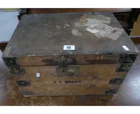 Pitch pine metal bound chest/travel trunk with a candle stick box 
