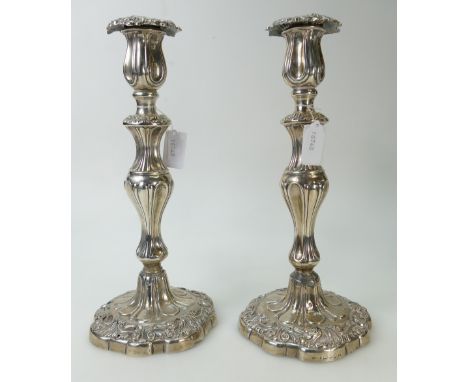 Large pair George III silver candlesticks, Sheffield 1817. 31.5cm high x 14 cm wide at base. Both sticks have clear hallmarks
