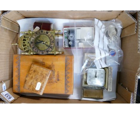 Tray lot containing novelty camera cigarette lighter, 2 small clocks, boxes &amp; silver plated items etc.