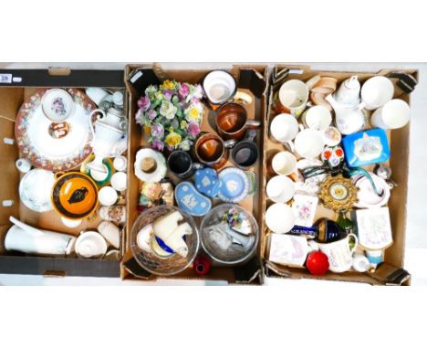 Three trays of mixed ceramics including masonic trinket box, Wedgwood, Minton clock, Doulton flambe etc. (3Trays)