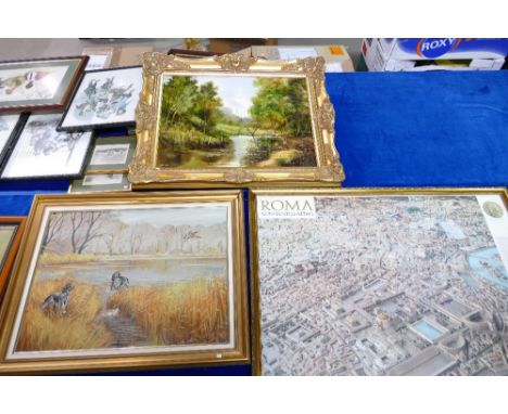 Peter Snell framed oil on canvas landscape scene, unsigned oil on board of hunting dogs and large print titles ROMA(3)