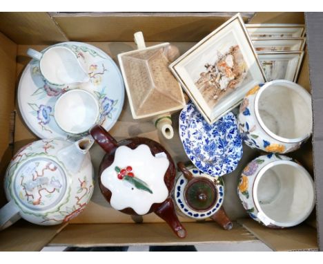 A mixed collection of items to include Woods Indian Tree patterned vases, a set of Newhall Dickens theme plaques. Wood Chines